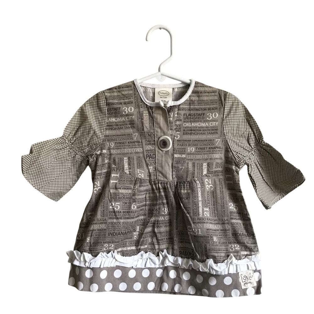 Persnickety 100% Cotton 3/4 Sleeve Cities Polka Dot Blouse Sz 2t Bougie USA Made